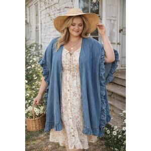 LoveBug Boutique Denim Ruffle Kimono Cardigan XL Blue Chambray Boho Cottagecore